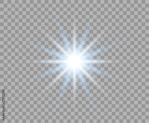 Blue flash glowing with radial rays. Abstract sun. Bright burst of light. Vector Christmas design element isolated on a transparent background.