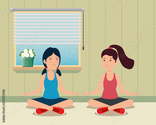 girls training yoga healthy exercise in the home