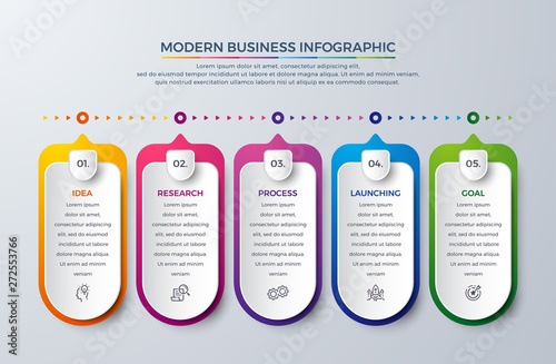 Infographic design with 5 process or steps. Infographic for diagram, report, workflow and more. Infographic with modern and simple icon. Idea, research, process, launching, growth, goal illustration.