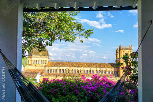 Colorful View of the Barichara Church from house in Colombia