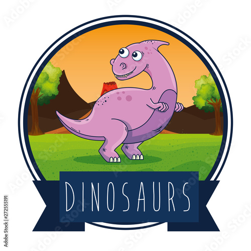 label of parasaurolophus with volcano and trees with ribbon