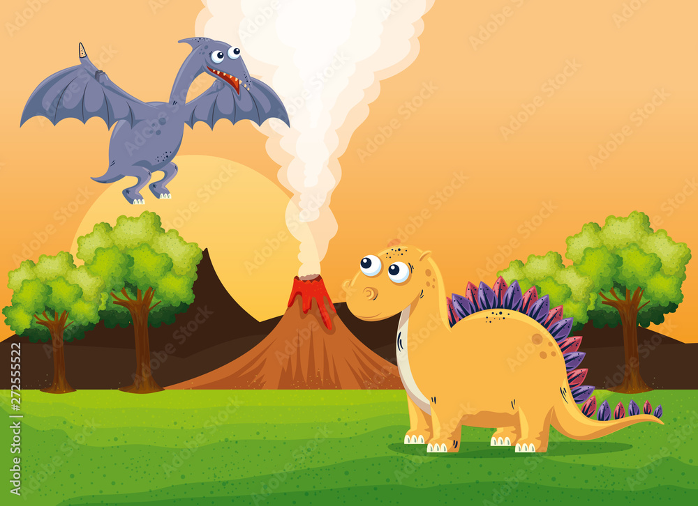 Fototapeta premium pterosaur and stegosaurus with volcano smoke and trees