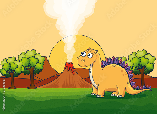 stegosaurus with volcano smoke and trees with sun