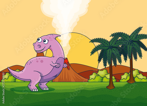 parasaurolophus with volcano smoke and palms trees with bushes