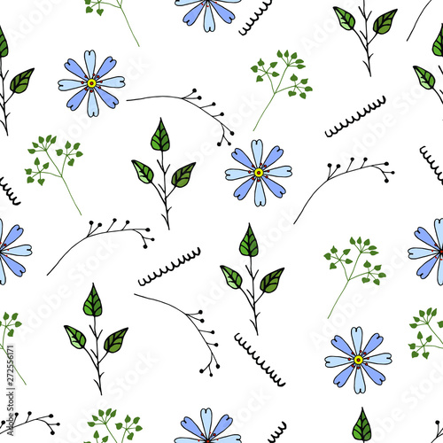 Delicate floral seamless pattern on a white background with botanical patterns and geometric elements for fabric, paper and the realization of any creative ideas