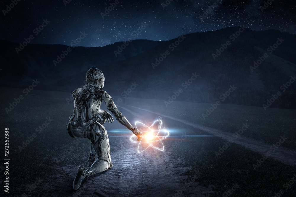 Fototapeta premium Cyborg silver woman sitting on one knee and smiling