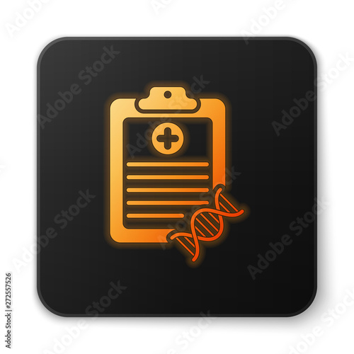 Orange glowing Clipboard with DNA analysis icon isolated on white background. Genetic engineering, genetics testing, cloning, paternity testing. Black square button. Vector Illustration