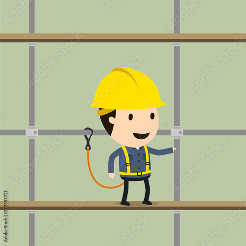 Wear safety hook during scaffold movement, A man is standing on the scaffolding, Vector illustration, Safety and accident, Industrial safety cartoon