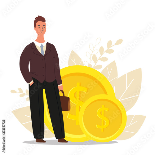 Financial advisor. Businessman is standing near coins, business finance concept, flat vector illustration