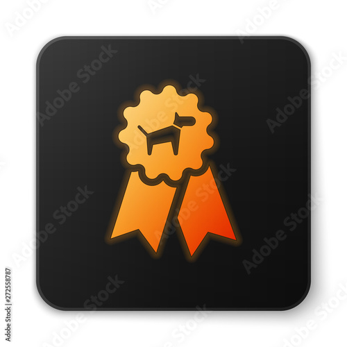 Orange glowing Dog award symbol icon isolated on white background. Medal with dog footprint as pets exhibition winner concept. Black square button. Vector Illustration