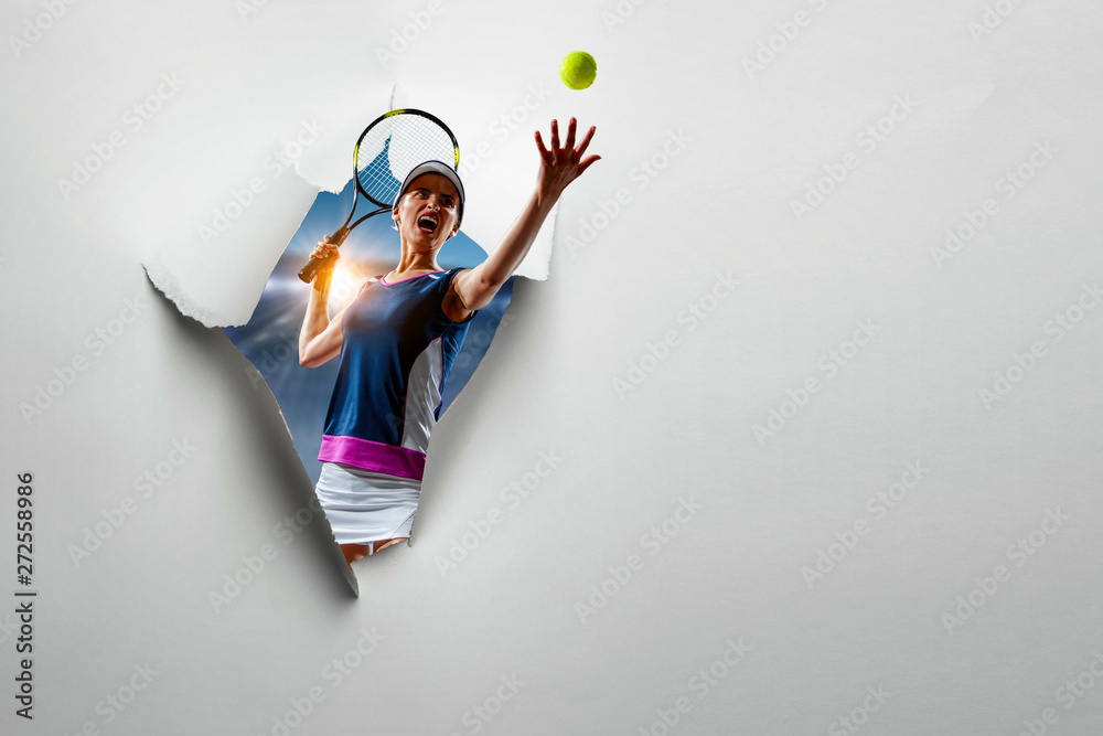 Fototapeta premium Paper torn hole effect with female tennis player. Mixed media