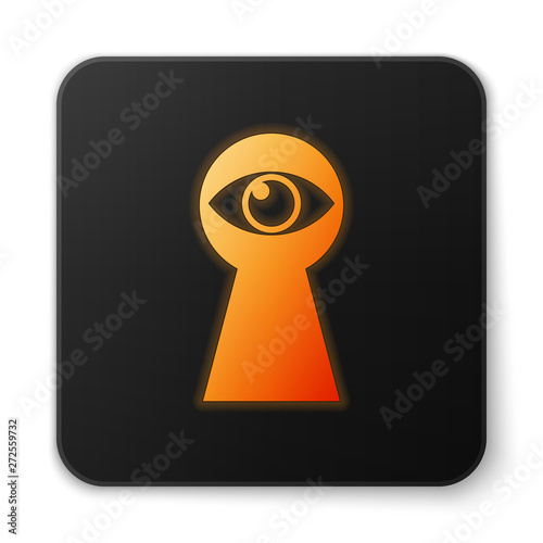 Orange glowing Keyhole with eye icon isolated on white background. The eye looks into the keyhole. Keyhole eye hole. Black square button. Vector Illustration