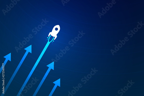 Up rocket and arrows on blue background illustration for business and finance, copy space composition, minimalist style, growth concept.