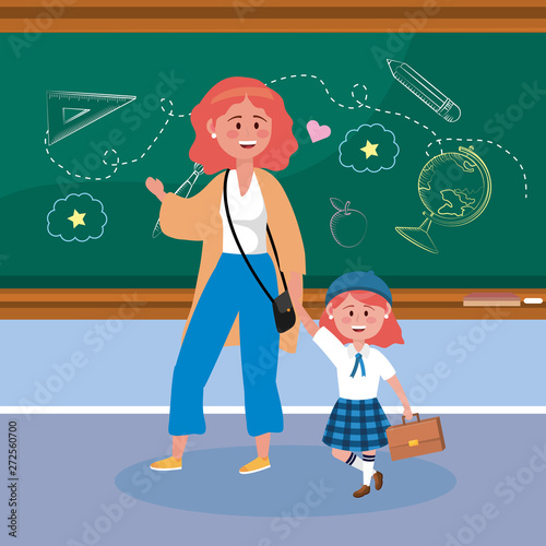 mother with her girl students with suitcase and blackboard