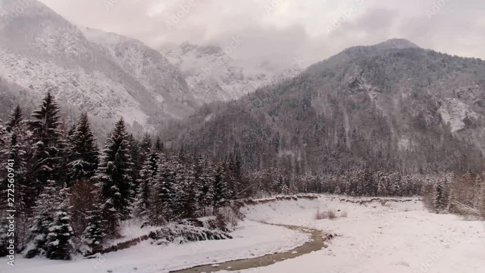 Zelenci springs on a very cold winters day. A natural spring in Slovenia with so much snow during winter in Europe
