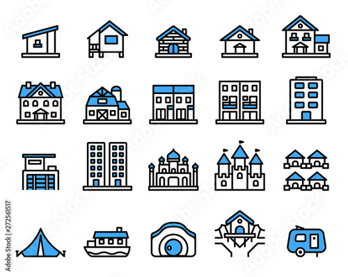 Accommodation icon set.Vector thin line style.