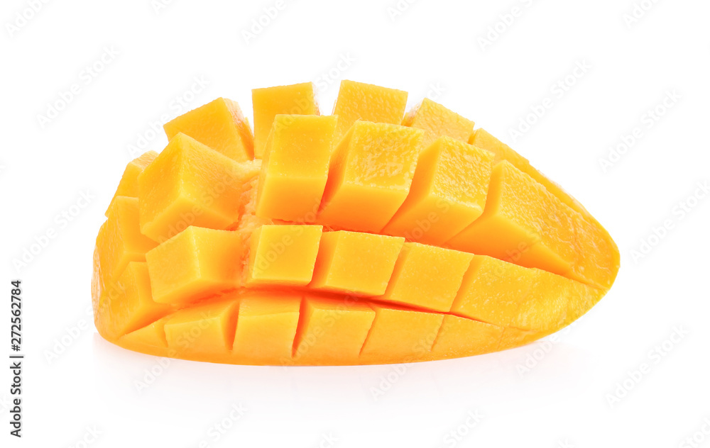 Ripe yellow Mangoes cut half in cubes isolated on white background. Ripe yellow Mangoes cut half in cubes isolated on white background.