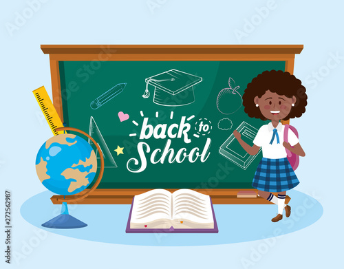 girl student with blackboard and global map with book