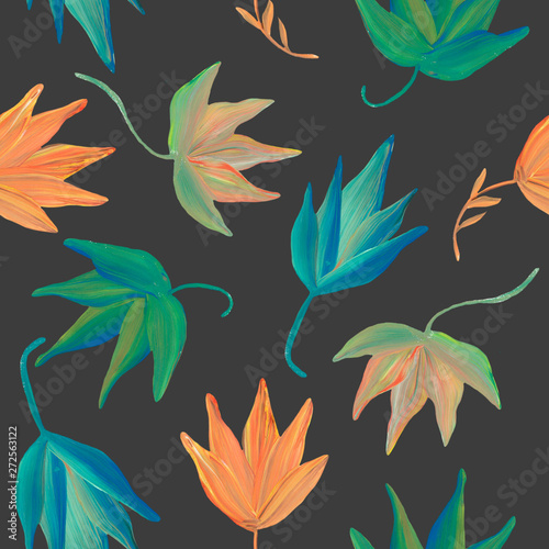 leaves drawn with green and orange acrylic on a dark gray background