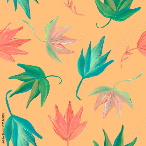 leaves drawn with acrylic of pink and green colors on a light brown background