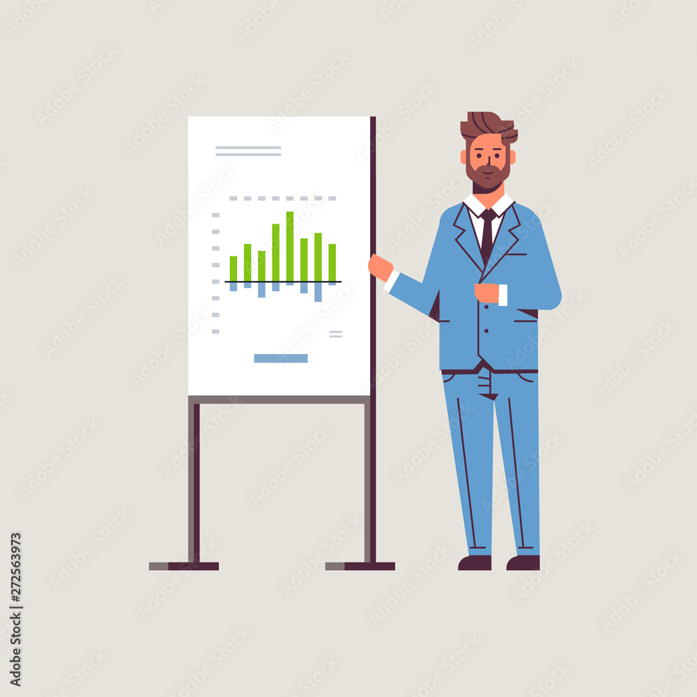 businessman presenting financial graph on flip chart board business man at seminar making presentation concept male speaker on conference meting flat full length businessman presenting financial graph on flip chart board business man at seminar making presentation concept male speaker on conference meting flat full length