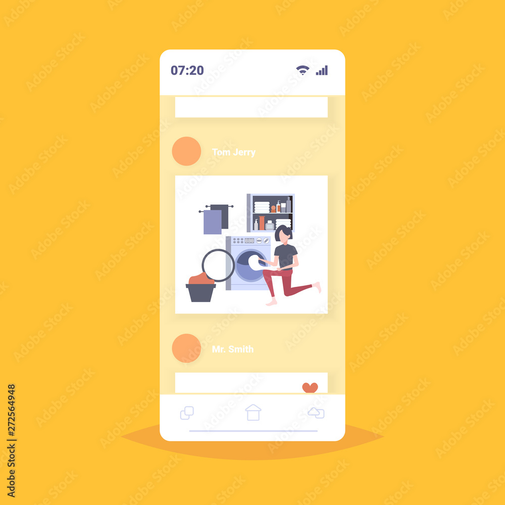 woman putting dirty clothes into washing machine housewife doing housework in laundry room smartphone screen mobile app cartoon character full length flat vector illustration woman putting dirty clothes into washing machine housewife doing housework in laundry room smartphone screen mobile app cartoon character full length flat vector illustration