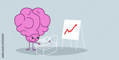 cute human brain sitting at workplace analyzing financial graph on flip chart brainstorming concept pink cartoon character kawaii style horizontal hand drawn