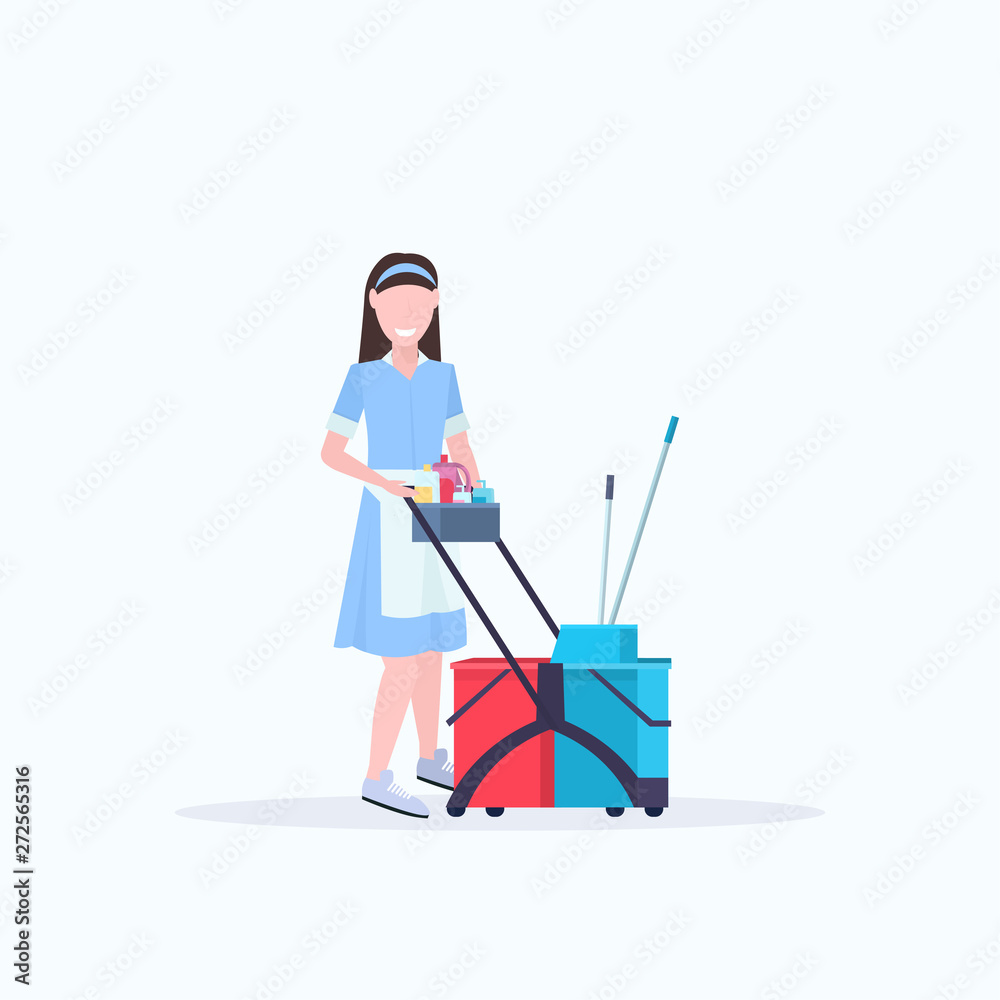 woman housemaid holding trolley cart with supplies female cleaner janitor in uniform cleaning service concept flat full length woman housemaid holding trolley cart with supplies female cleaner janitor in uniform cleaning service concept flat full length