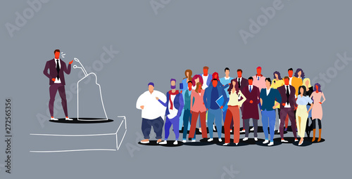 businessman candidate speaking from tribune speech in front of businesspeople crowd at conference meeting public speaking concept sketch doodle horizontal full length