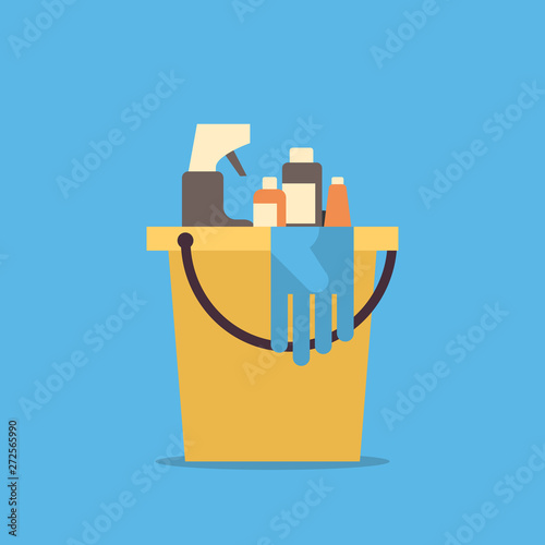 cleaning service bucket with tools and items janitor company concept flat