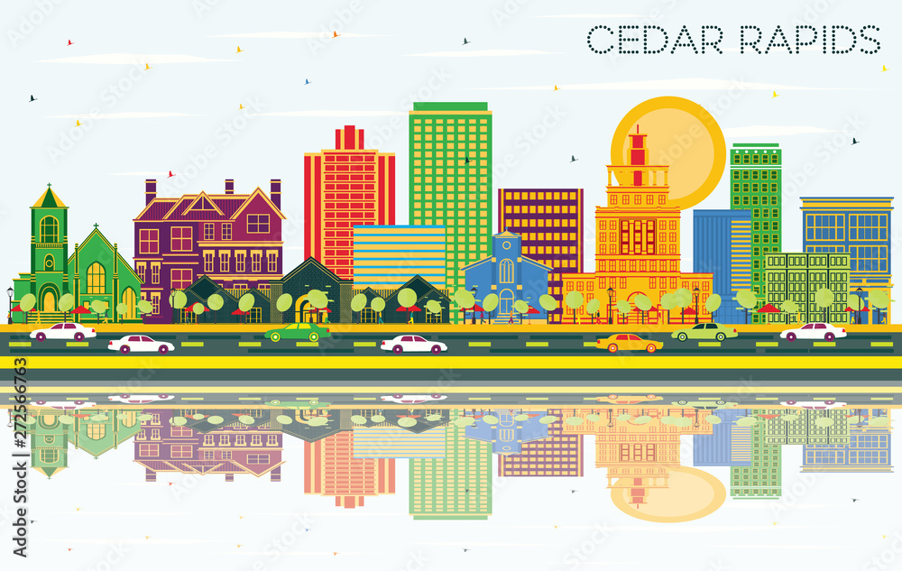 Cedar Rapids Iowa City Skyline with Color Buildings, Blue Sky and Reflections.