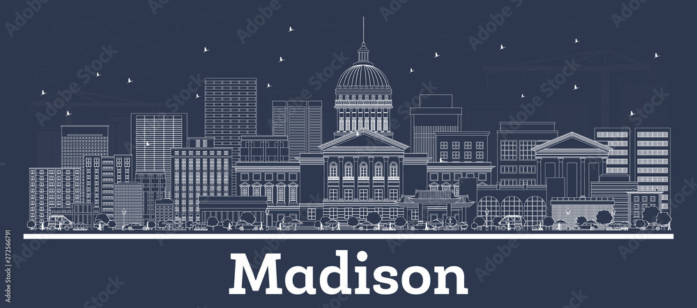 Outline Madison Wisconsin City Skyline with White Buildings.