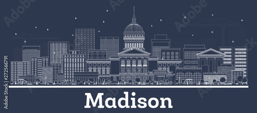 Outline Madison Wisconsin City Skyline with White Buildings.