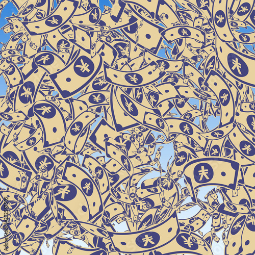 Chinese yuan notes falling. Messy CNY bills on blu