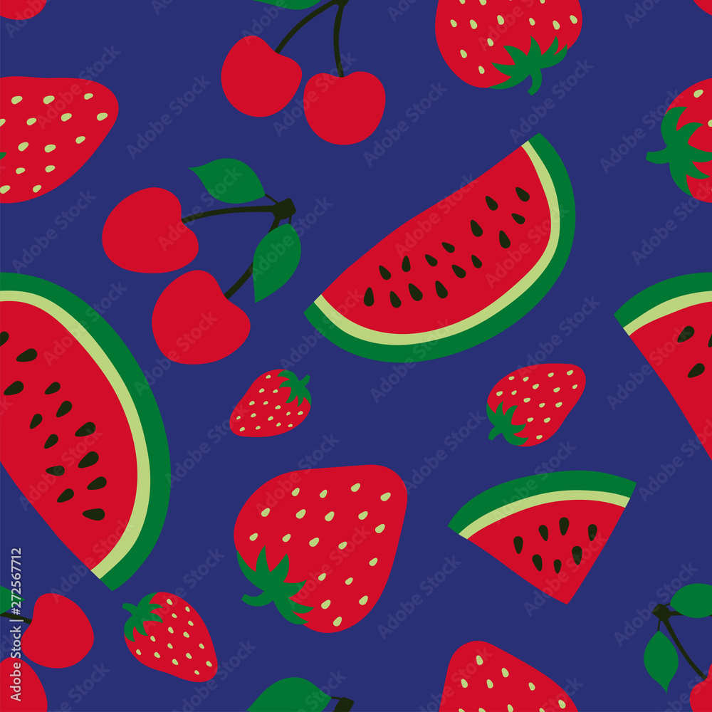 Watermelon, cherry and strawberry seamless pattern. Red berry. Sweet fruits. Fashion design. Food print for dress, textile, curtain or linens. Hand drawn vector sketch background. Vegan menu Watermelon, cherry and strawberry seamless pattern. Red berry. Sweet fruits. Fashion design. Food print for dress, textile, curtain or linens. Hand drawn vector sketch background. Vegan menu