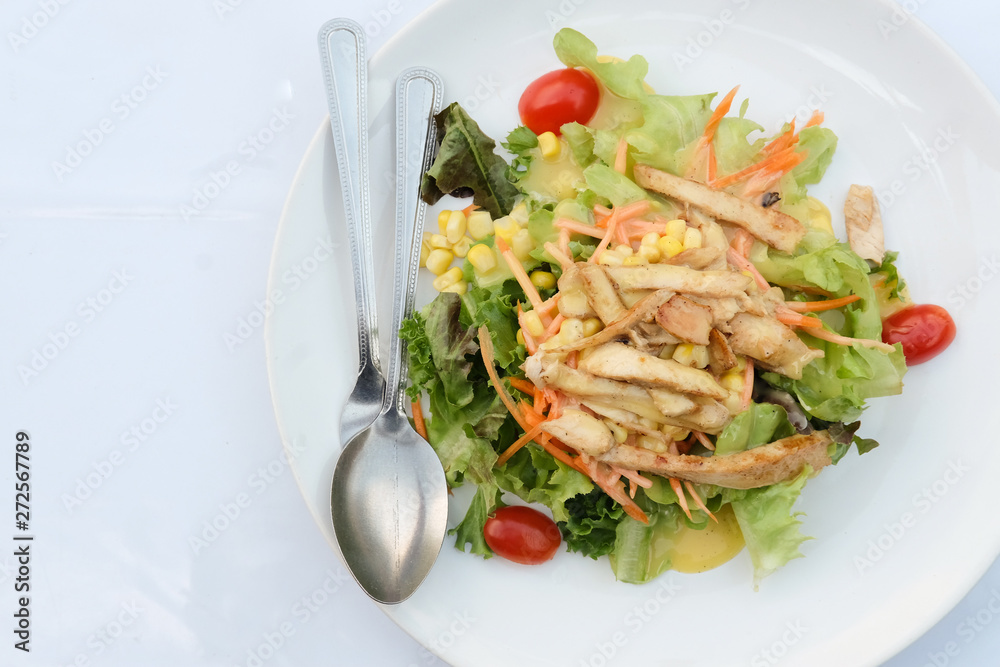 Chicken Salad on white disk at white background