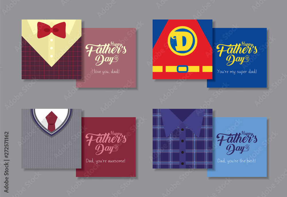 Happy Father's Day printable template for label, tag or greeting card. Set of men fashion or clothes (bow tie, vest, sweater, tie & shirt) in flat vector design. 