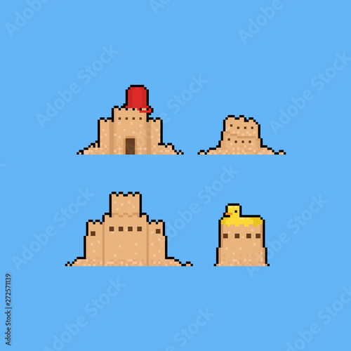 Pixel art sand castle cartoon set.8bit summer.