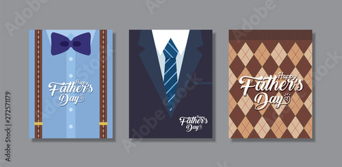 Happy Father's Day greeting card template design. Set of men fashion (bow tie, suspenders, suit, tie & sweater) in flat vector design.