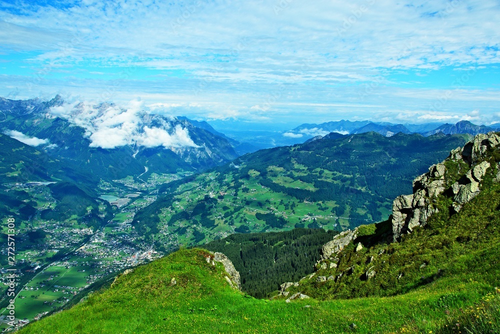 Fototapeta premium Austrian Alps- view on the town Schruns and peak Zimba