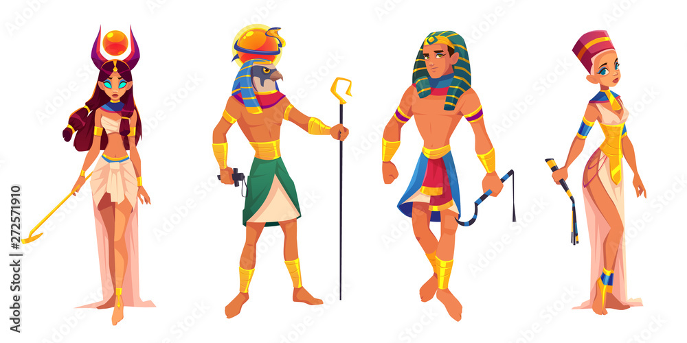 Ancient Egypt gods and rulers Hathor, Ra, Pharaoh, Nefertiti, Egyptian deities, king and queen with religion attributes isolated on white background, sacred characters. Cartoon vector illustration