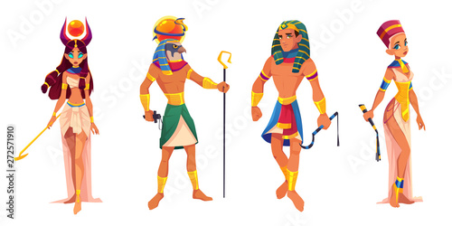 Ancient Egypt gods and rulers Hathor, Ra, Pharaoh, Nefertiti, Egyptian deities, king and queen with religion attributes isolated on white background, sacred characters. Cartoon vector illustration