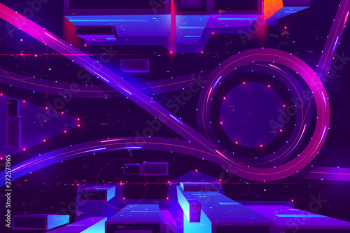 Night neon city with transport interchange top view. Urban architecture, modern megapolis with glowing skyscrapers, moving cars, old film with lines and pixel noise effect. Cartoon vector illustration
