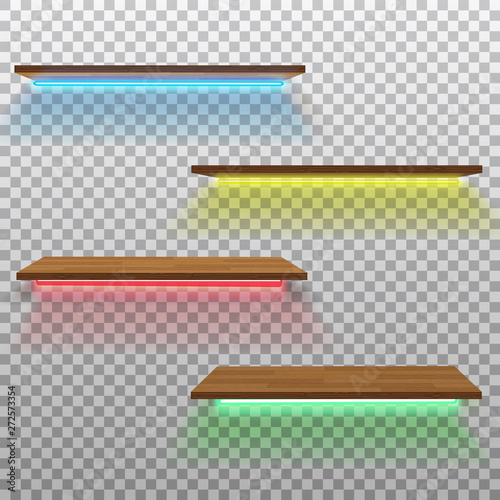 Vector empty wooden shelf with neon lamps isolated on checkered background