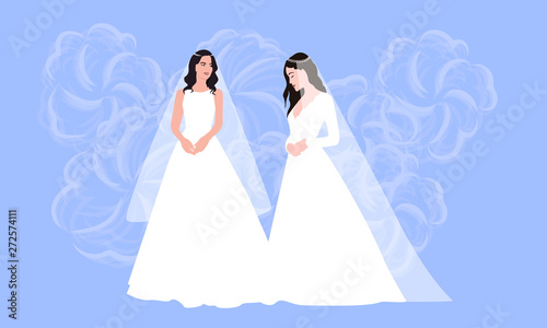 Beautiful lesbian couple in white wedding dresses. Same-sex family. Gay marriage. For wedding invitation  Save the Date cards  rsvp etc