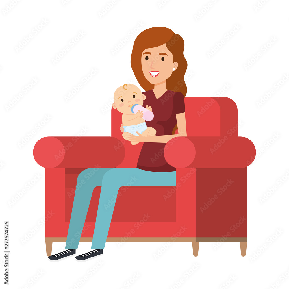 mother lifting little baby seated in sofa mother lifting little baby seated in sofa