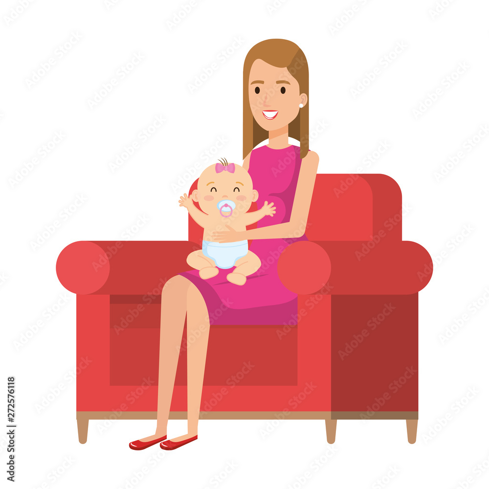 mother lifting little baby seated in sofa mother lifting little baby seated in sofa