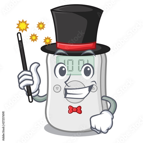 Magician diabetes check machine above mascot table
