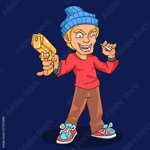cartoon cool gangster while smoking marijuana and holding a gun