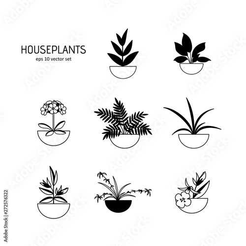 Window plants in pots - vector icons set on white background.